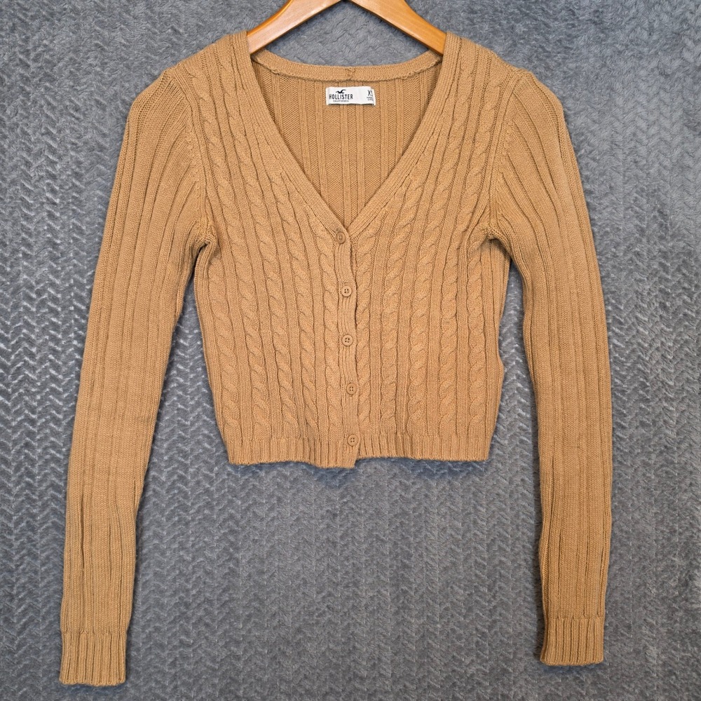 Hollister Womens Cable Knit Cardigan Sweater Tan V-Neck Button Front XS